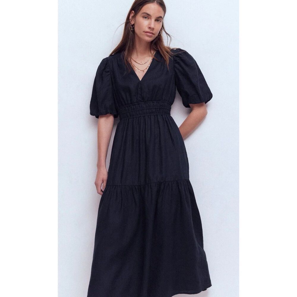 Boden Black Irene Linen Midi Dress 2R NWT